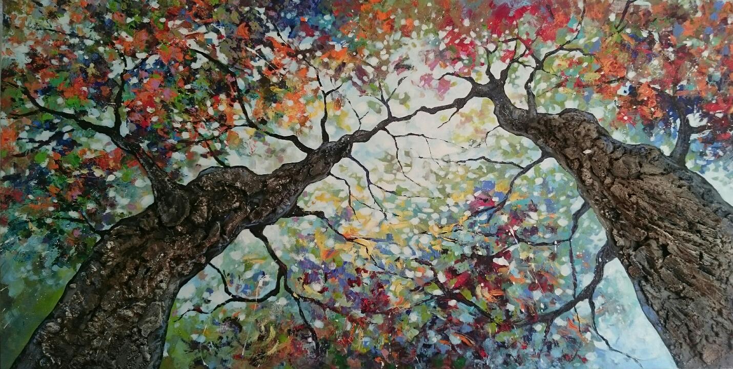 printemps ,couple d'arbres peinture sur toile 200x100 cm