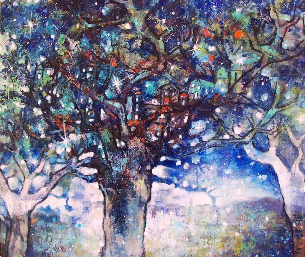 Cabanes- peinture de cabanes dans un arbre sous un ciel étoilé-Joss Blanchard