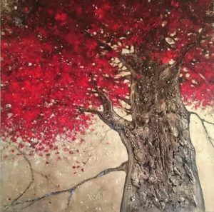 peinture- arbre rouge- matière- écorce