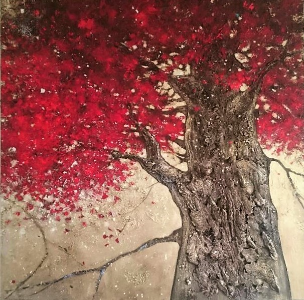 peinture- arbre rouge- matière- écorce