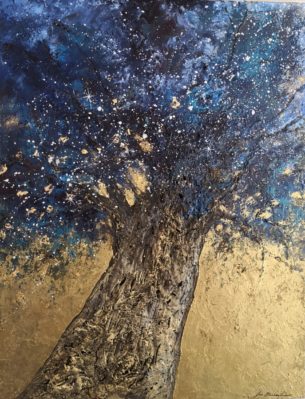 peinture d'arbre solitaire et étoiles, tons bleus et or