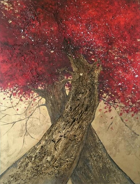peinture arbres enlacés rouge et or