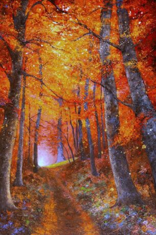 promesse peinture grand format d'une foret aux couleurs flamboyantes de l'automne par Joss Blanchard
