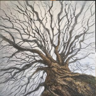 Peinture d'arbre- solitaire- matière sur les troncs- oeuvre d'art avec arbre- commande de particulier