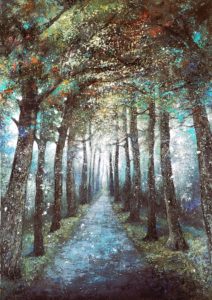peinture d'allée en forêt- grand format- apaisement- symbole de voeux