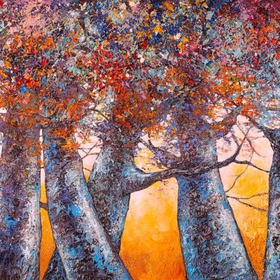 Tableau intitulé Allégresse qui représente une œuvre de Joss Blanchard avec une série d'arbres très colorés dont les feuilles se mélangent tel des confettis dans le ciel.