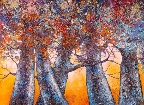 Tableau intitulé Allégresse qui représente une œuvre de Joss Blanchard avec une série d'arbres très colorés dont les feuilles se mélangent tel des confettis dans le ciel.