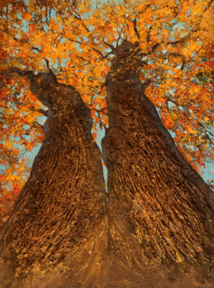 Tableau intitulé La force de l'union qui représente une œuvre de Joss Blanchard avec deux arbres vu du sol reliés par les troncs et qui s'unissent dans le ciel avec leurs magnifiques feuilles oranges et rouges.