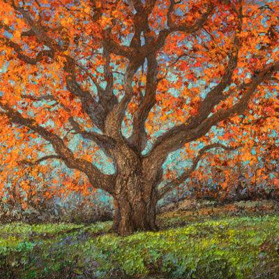 Tableau intitulé Le bouquet de la Reine Amélie qui représente une œuvre de Joss Blanchard avec un arbre central majestueux avec d'immenses branches pourvues de feuilles oranges et jaunes.