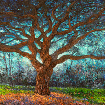 Tableau intitulé Sous la voute étoilée qui représente une œuvre de Joss Blanchard avec un arbre central majestueux sur fond bleu ciel