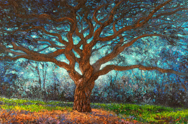 Tableau intitulé Sous la voute étoilée qui représente une œuvre de Joss Blanchard avec un arbre central majestueux sur fond bleu ciel