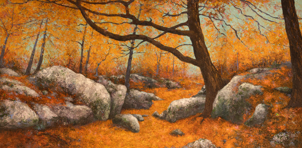 Tableau intitulé en forêt de Fontainebleau qui représente une œuvre de Joss Blanchard avec des arbres dans une forêt parsemée de feuilles oranges et de rochers