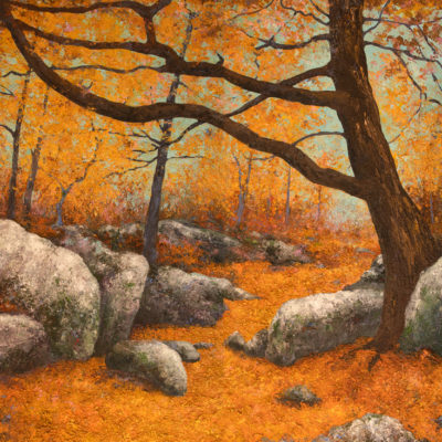 Tableau intitulé en forêt de Fontainebleau qui représente une œuvre de Joss Blanchard avec des arbres dans une forêt parsemée de feuilles oranges et de rochers