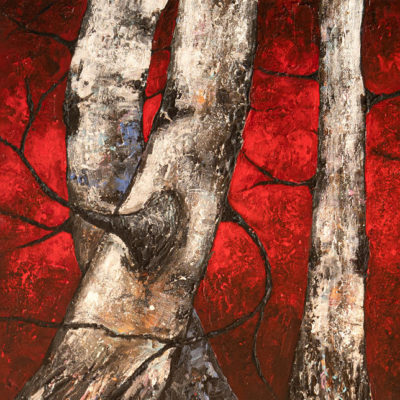Tableau intitulé Passionata qui représente une œuvre de Joss Blanchard avec une vue centrale de plusieurs bouleaux sur un fond rouge intense.