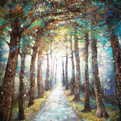 Tableau intitulé Remarquable qui représente une œuvre de Joss Blanchard avec une route centrale et une forêt qui semble magique avec des touches de toutes les couleurs
