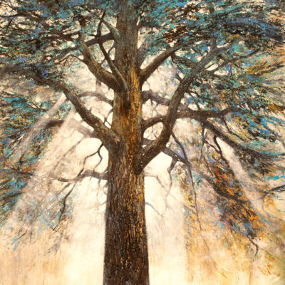 Tableau intitulé Rencontre qui représente une œuvre de Joss Blanchard avec un arbre central grand avec des rayons lumineux qui traversent les branches voluptueuses.