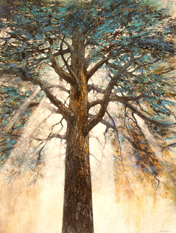 Tableau intitulé Rencontre qui représente une œuvre de Joss Blanchard avec un arbre central grand avec des rayons lumineux qui traversent les branches voluptueuses.