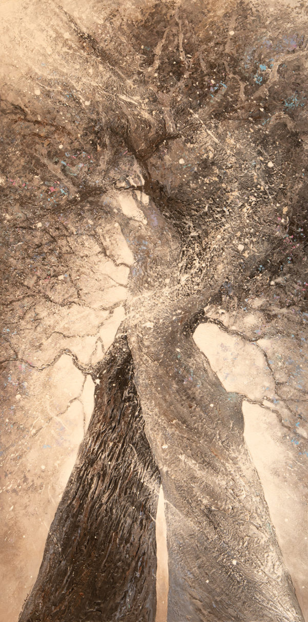Tableau intitulé Souffle qui représente une œuvre de Joss Blanchard avec un arbre vu du sol blanc et laiteux comme un soir de noël.