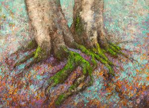 peinture " Arbres amoureux" représentant deux racines s'enlaçant. Les couleurs sont tendres et romantiques.