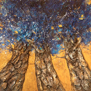peinture " Arbres célestes" trois arbres au feuillage bleu sur fond doré