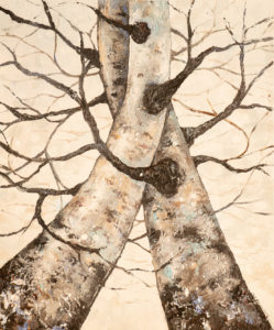 Peinture " Retrouvailles" représentant des bouleaux qui s'enlacent sur fond blanc