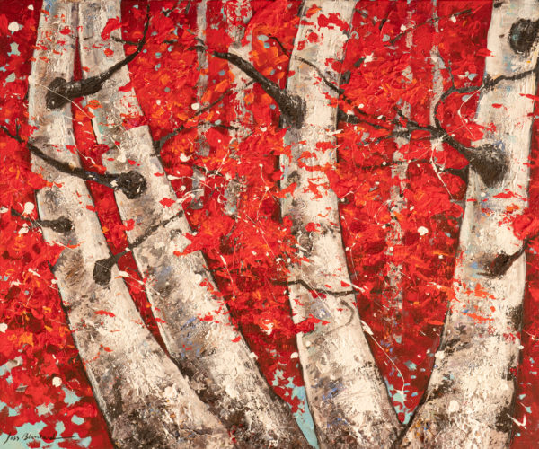 Peinture " Wrapped" représentant une famille de bouleaux en mouvement sur fond rouge.