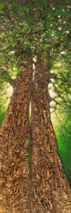 Peinture en format verticale, "troncs liés" représentant deux chênes aux troncs scellés l'un a l'autre comme si ils ne formaient qu'un arbre. La dominante de la toile est d'un vert éclatant.