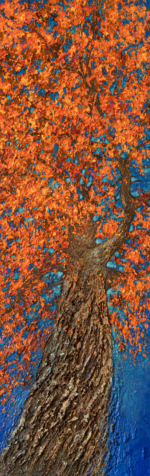 Peinture d'arbre "Contraste" feuillage flamboyant se détachant d'un ciel bleu intense