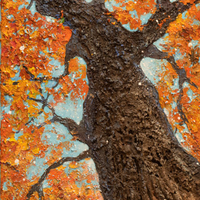 Peinture d'arbre en automne "Renaissance ",avec travail sur l'écorce