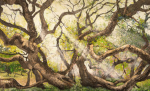 peinture d'arbre remarquable " résilience" représentant le sophora de Montry. Cette toile grand format a une dominante vert tendre , un rayon de lumière traverse l'arbre.