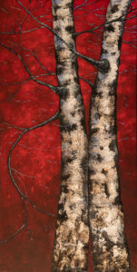 Peinture " Conquête" couple de bouleaux sur un fond rouge intense
