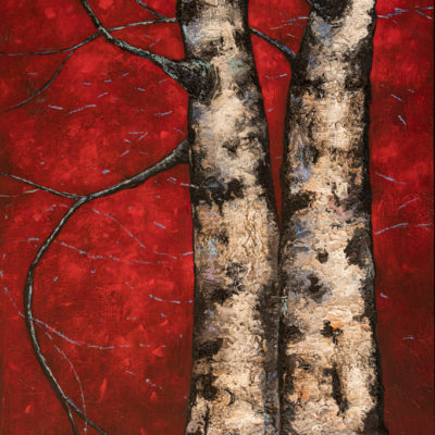 Peinture " Conquête" couple de bouleaux sur un fond rouge intense