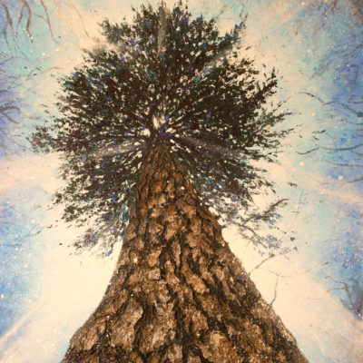 Tableau intitulé Le veilleur qui représente une œuvre de Joss Blanchard avec un arbre vu du sol impressionnant de grandeur et majestueux.