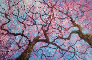 Peinture de deux amandiers en fleurs formant un signe de l’infini. Symbole de renouveau, œuvre de Joss Blanchard.