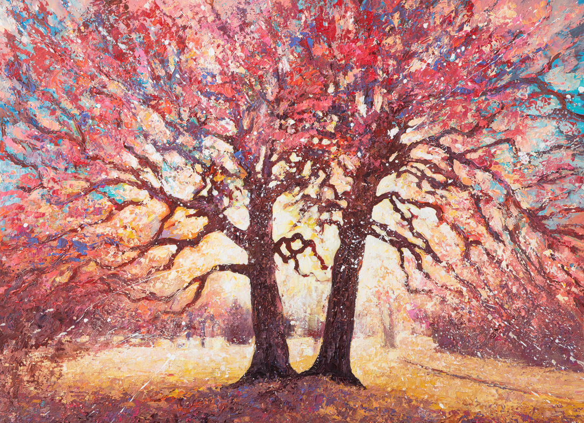 Peinture “Fusion” – Deux hêtres unis au parc Bel-Ébat, portrait végétal par Joss Blanchard.