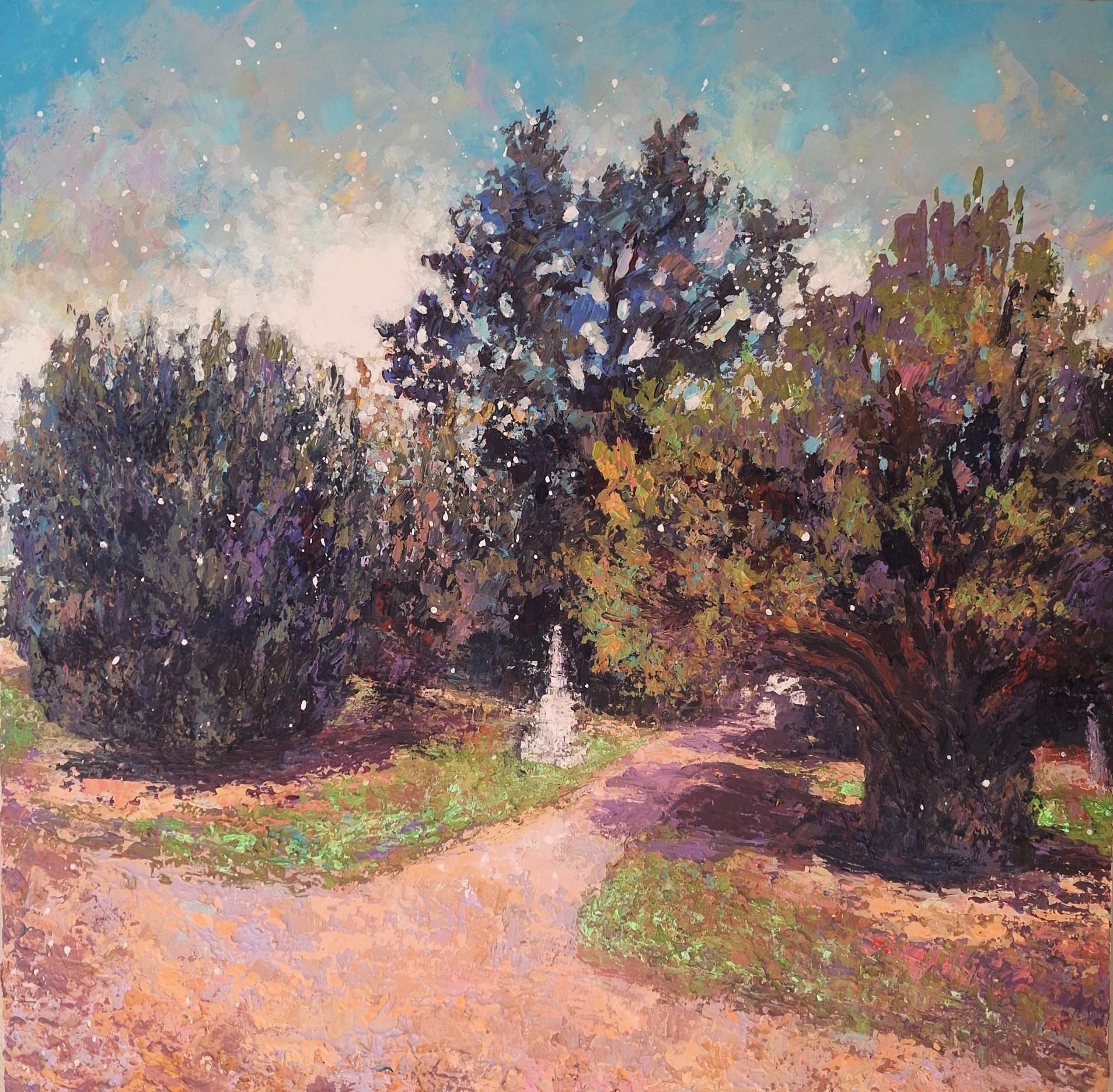 Peinture représentant quatre ifs autour d’un mémorial au parc Bel-Ébat. Œuvre de Joss Blanchard.