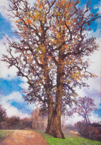 Portrait du tulipier de Virginie « Le Gardien du Manoir » au parc Bel-Ébat, peinture de Joss Blanchard.