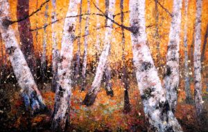 Peinture de bouleaux en automne, aux troncs blancs élancés, entourés de feuilles dorées tourbillonnantes. Œuvre de Joss Blanchard, technique mixte sur toile, ambiance poétique et lumineuse.