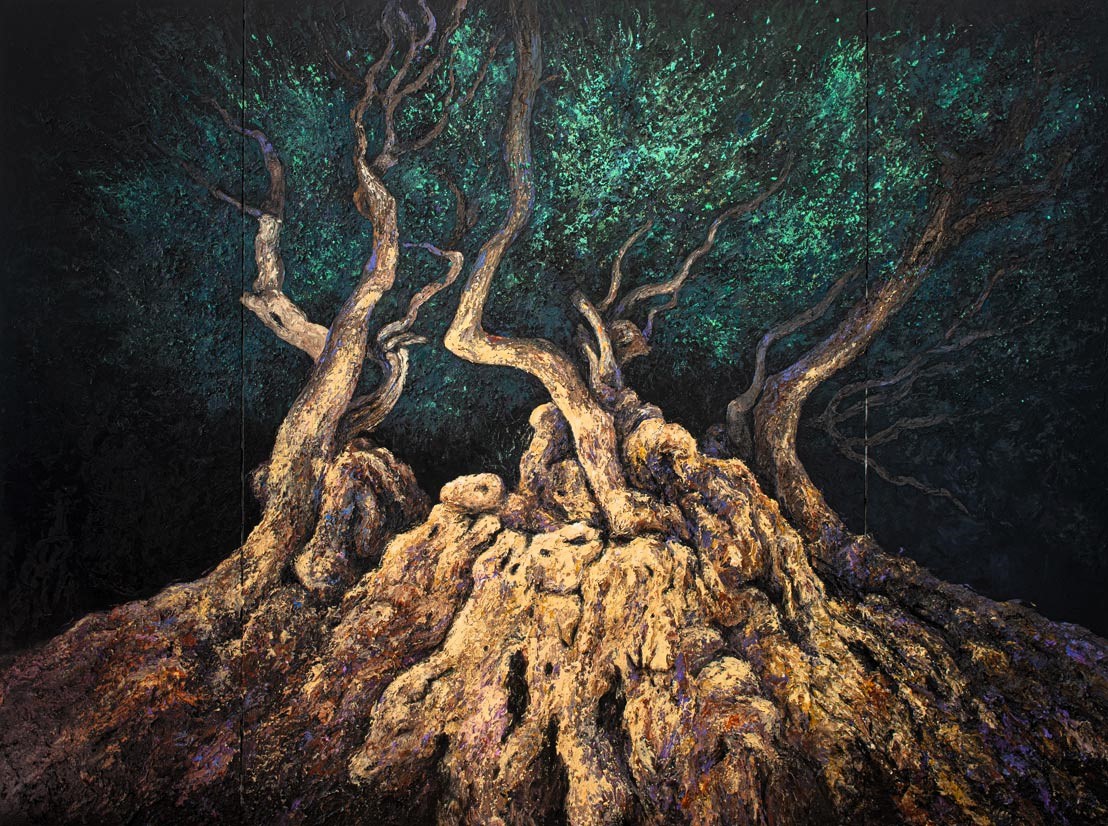 "L’Olivier millénaire de Roquebrune-Cap-Martin" – triptyque – peinture sur toile – 270x200 cm – pigments-naturels – matière – galerie-Viecel