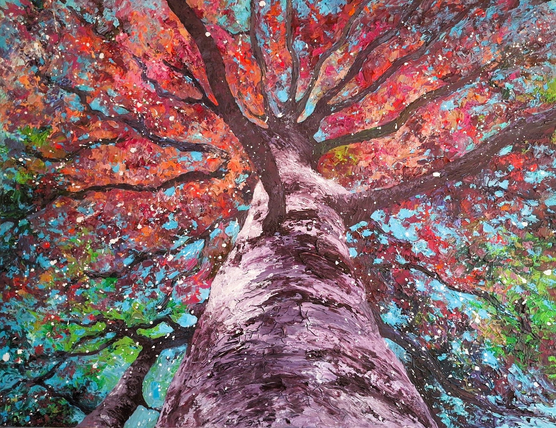 Peinture de Joss Blanchard représentant un arbre diffusant des phytoncides – « Souffle Pourpre »