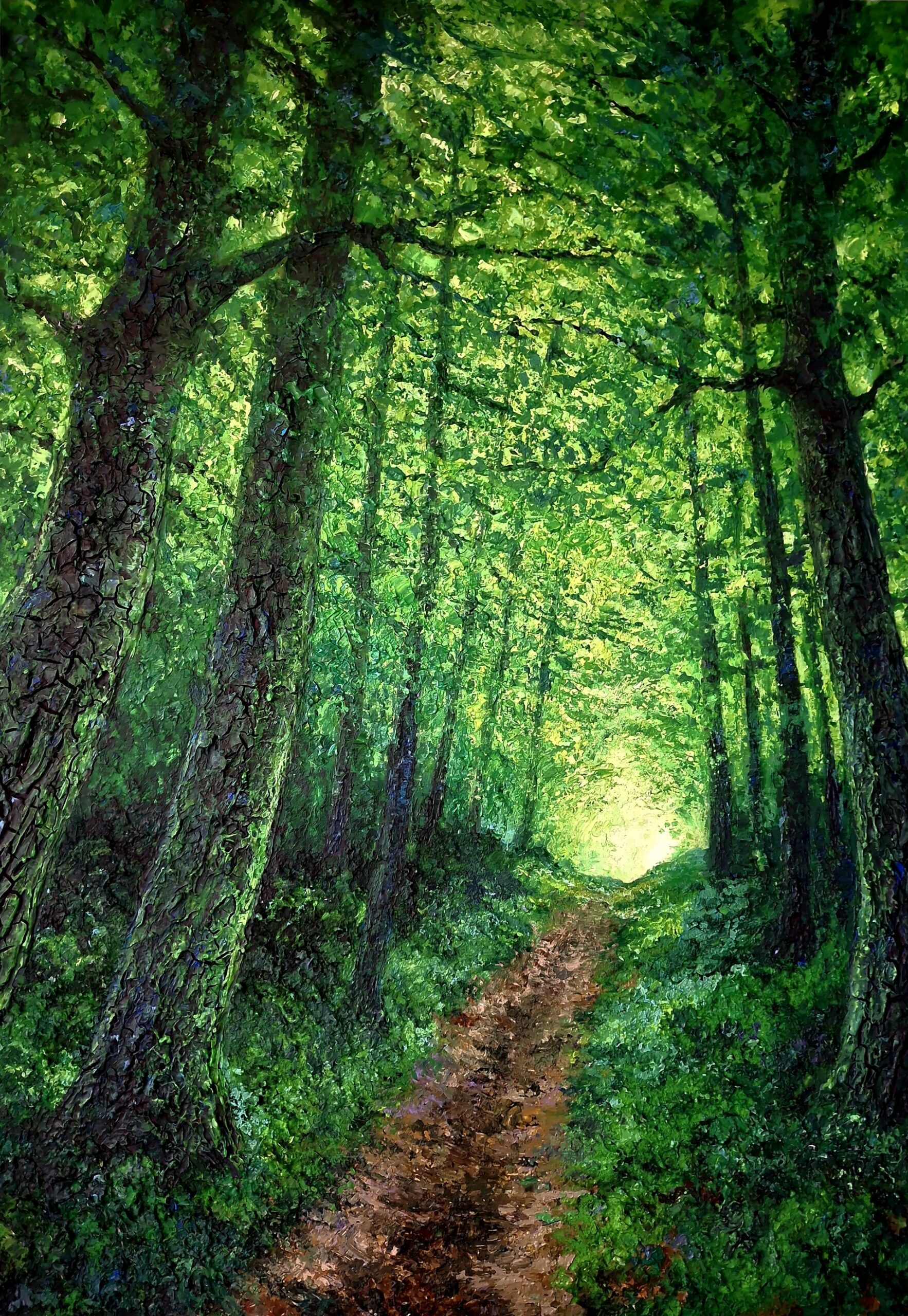 Joss-Blanchard-Allée-en-forêt-de-Compiègne-peinture-forêt Allée en forêt de Compiègne, peinture de Joss Blanchard représentant une allée de hêtres dans des tonalités de vert