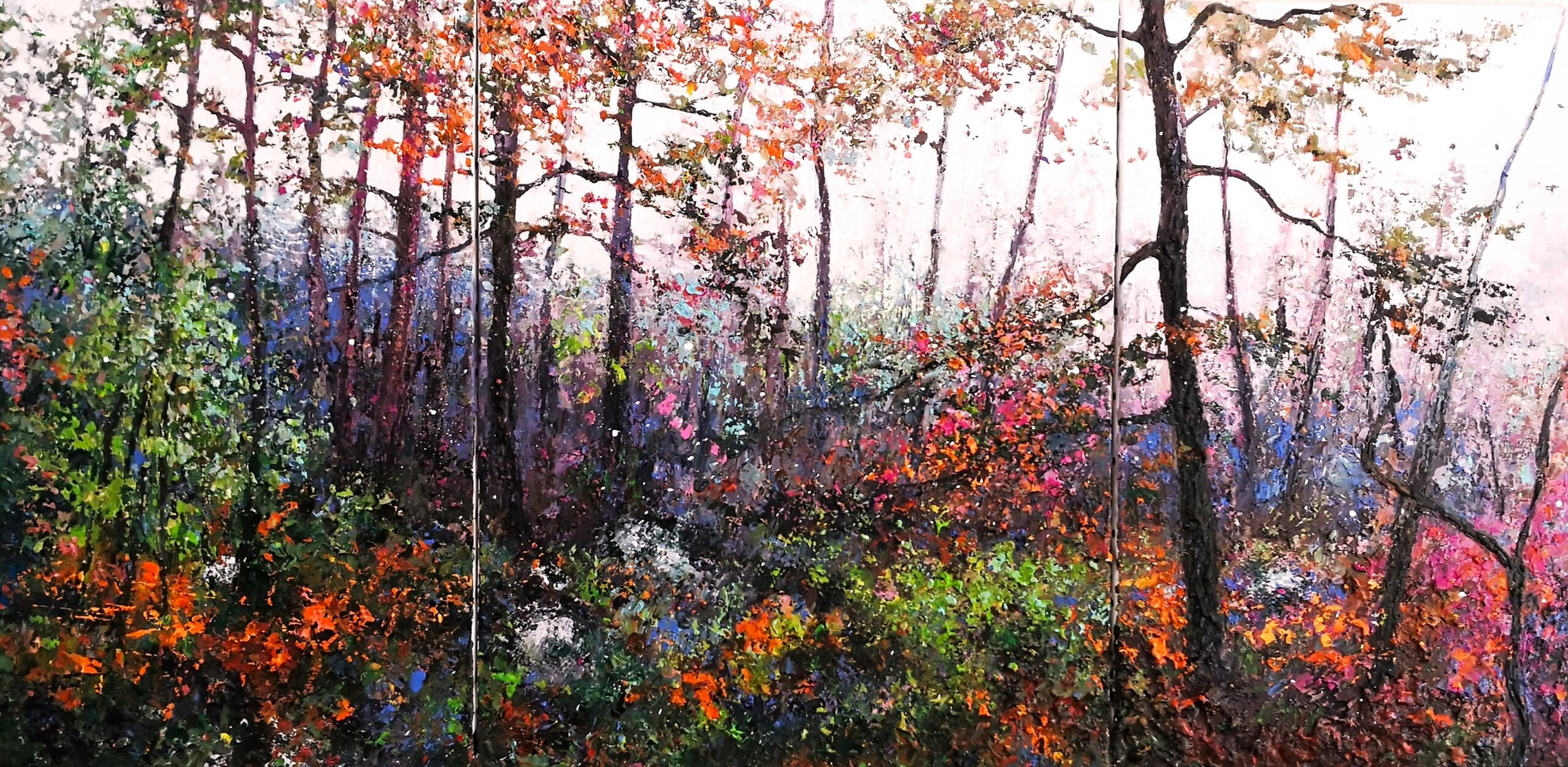 Eternel Fontainebleau Éternel Fontainebleau, peinture de Joss Blanchard représentant la forêt de Fontainebleau dans une atmosphère lumineuse et colorée
