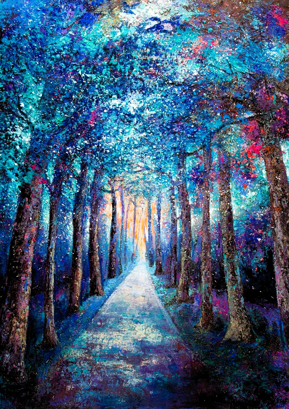 Le-chemin-grande-peinture-de-nuit-foret-joss-blanchard Le Chemin, peinture de Joss Blanchard représentant une allée de chênes du Domaine du Lys-Chantilly à Lamorlaye
