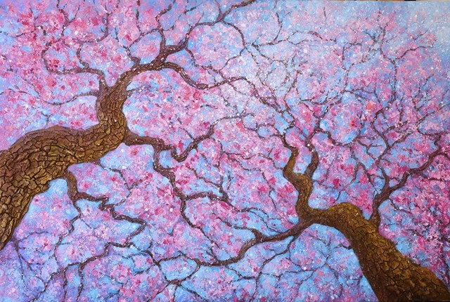 L'infini-printemps-peinture-amandiers-en-fleurs-joss-blanchard-97x146 cm Peinture Eternal Spring représentant deux amandiers en fleurs par Joss Blanchard peintre