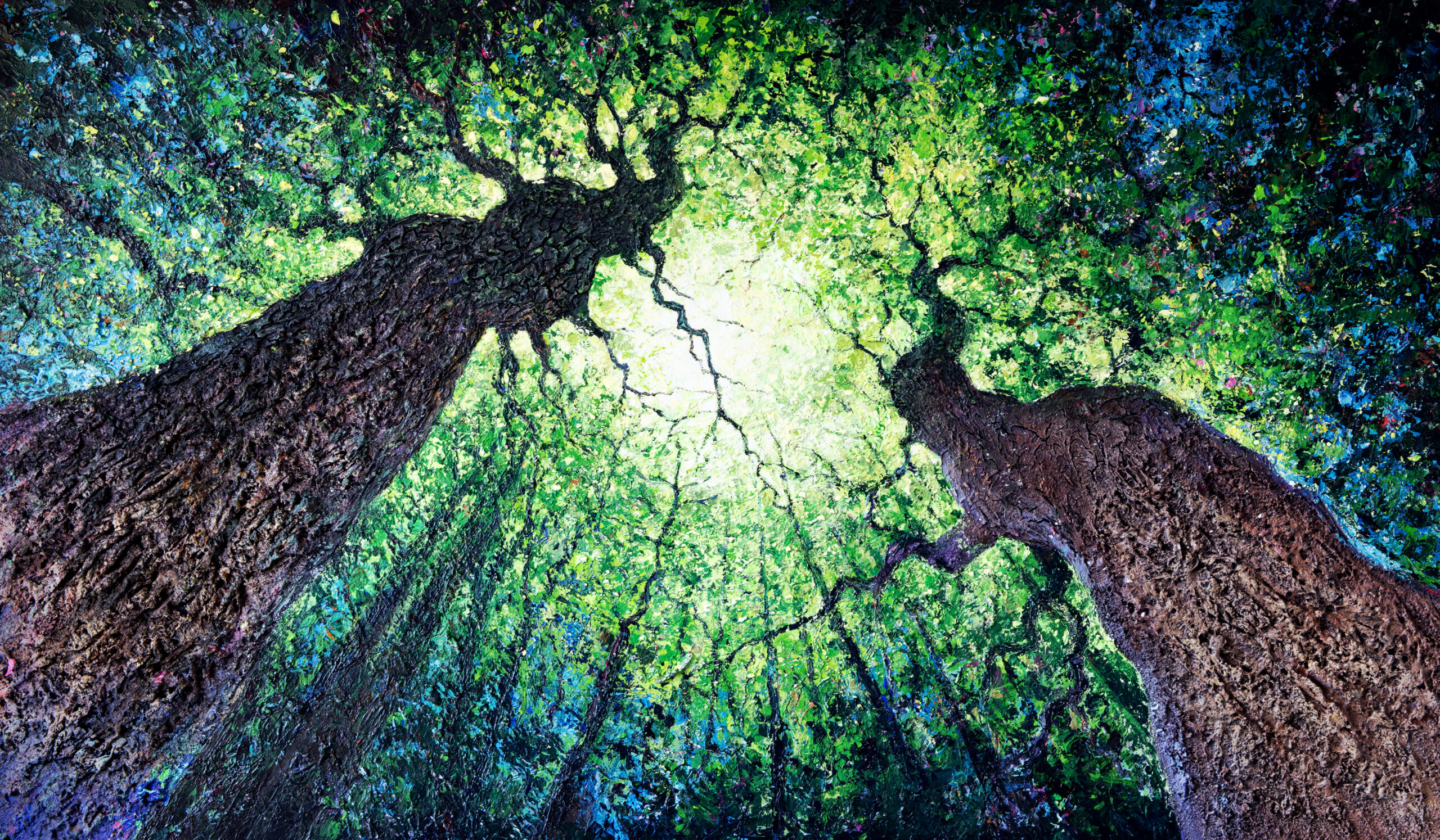 Peinture-Arbres-Cathédrales-de-Joss-Blanchard Peinture Arbres Cathédrales de Joss Blanchard, grands troncs s’élevant vers une canopée verte lumineuse