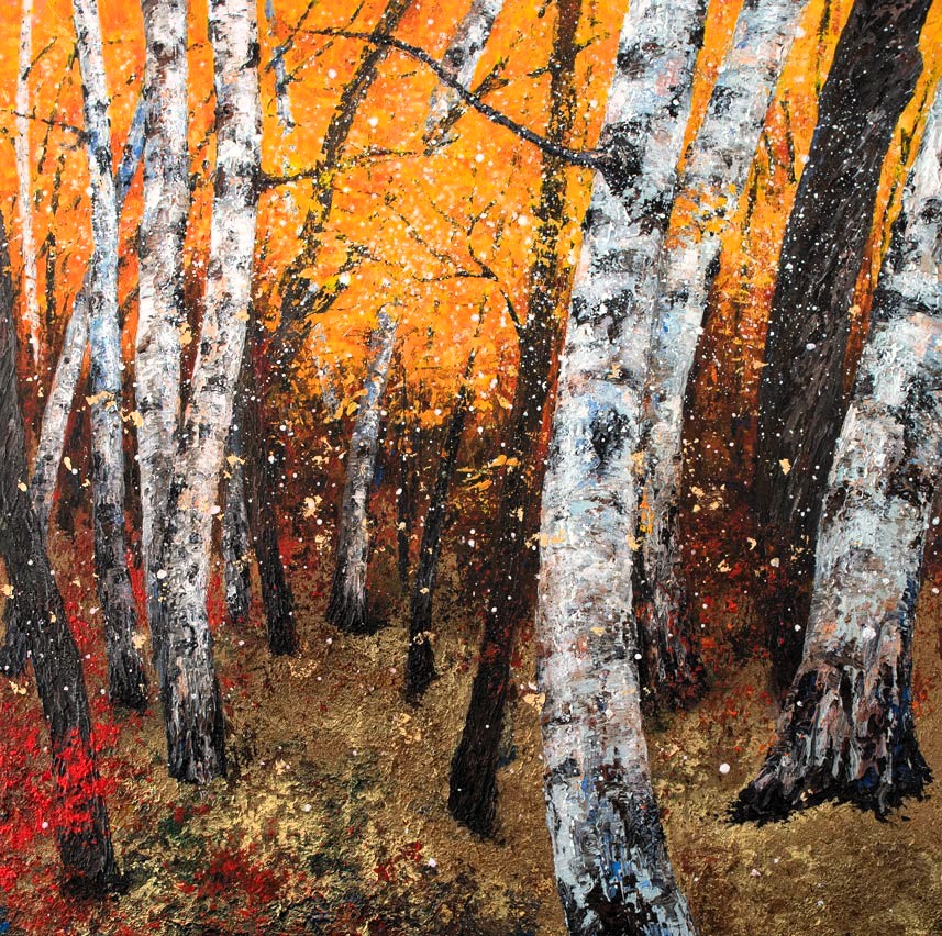 Peinture-Bouleaux-Automne-Joss-Blanchard foret de bouleaux en automne peinture de joss blanchard