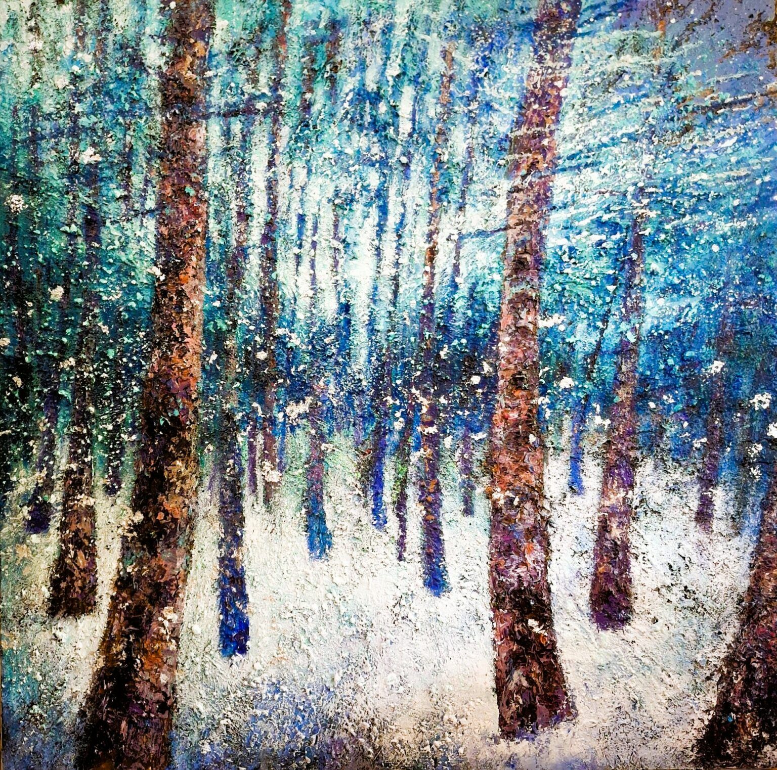 Souffle-blanc-peinture-bouleaux-bleus-joss-blanchard Peinture Le Souffle blanc représentant une forêt de bouleaux par Joss Blanchard
