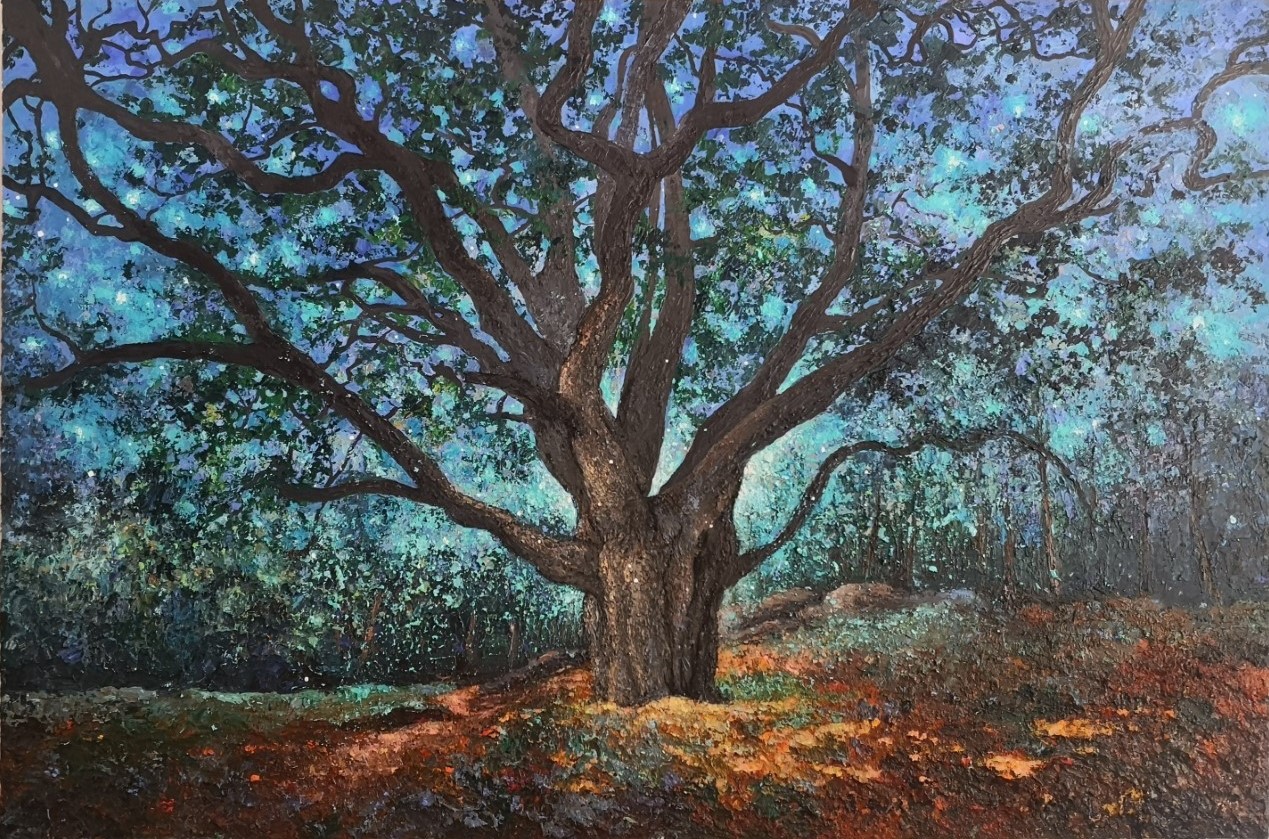 Symphonie-nocturne-bouquet-de-la-reine-amelie-arbre-remarquable-peinture-joss-blanchard Peinture du chêne Bouquet de la Reine Amélie en forêt de Fontainebleau par Joss Blanchard