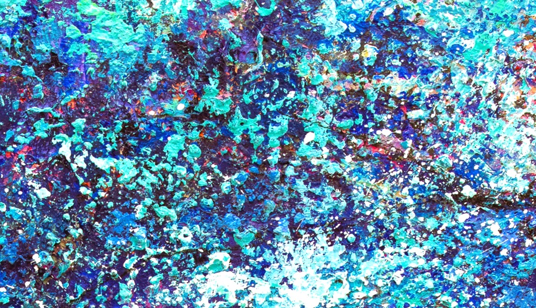 détail-peinture-Le-chemin Détail de la peinture Le Chemin de Joss Blanchard, feuillage bleu et turquoise en matière