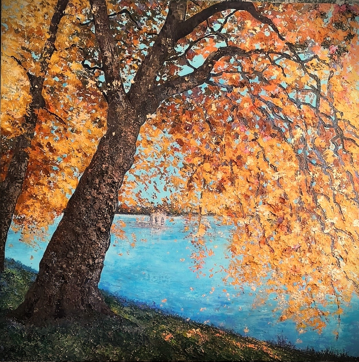 peinture-balade-romantique-platanes-jardin-anglais-fontainebleau-joss-blanchard. Peinture des platanes du Jardin Anglais et de l’Étang aux Carpes à Fontainebleau par Joss Blanchard